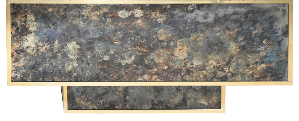 Square Coffee Table In Marbled Glass With "solar Eruption" Decor -photo-1