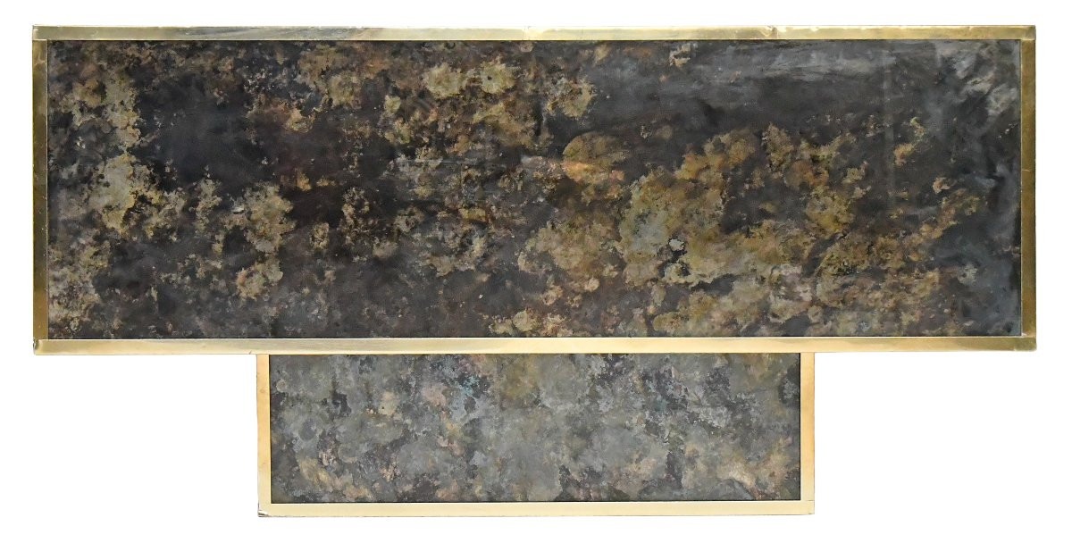 Square Coffee Table In Marbled Glass With "solar Eruption" Decor -photo-2