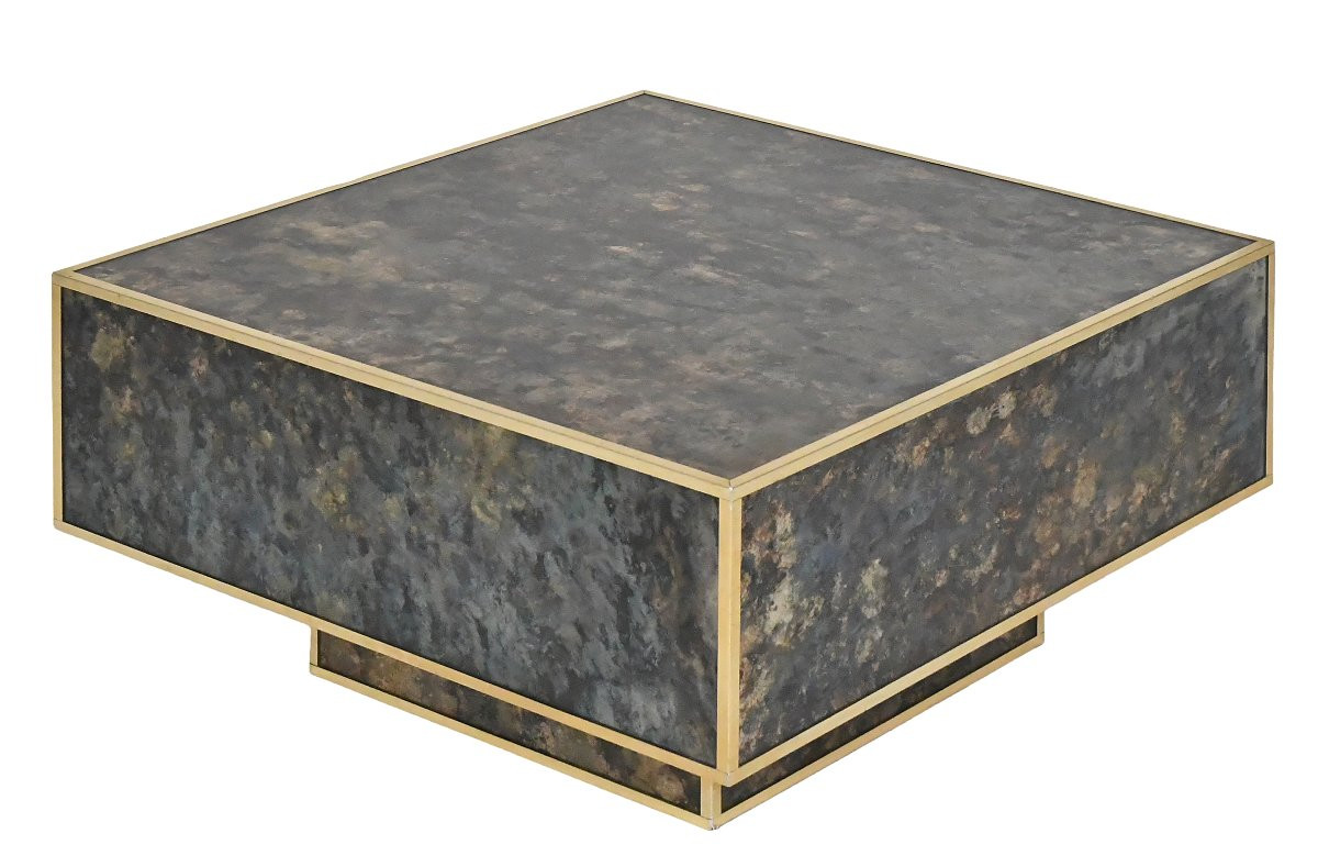Square Coffee Table In Marbled Glass With "solar Eruption" Decor -photo-3
