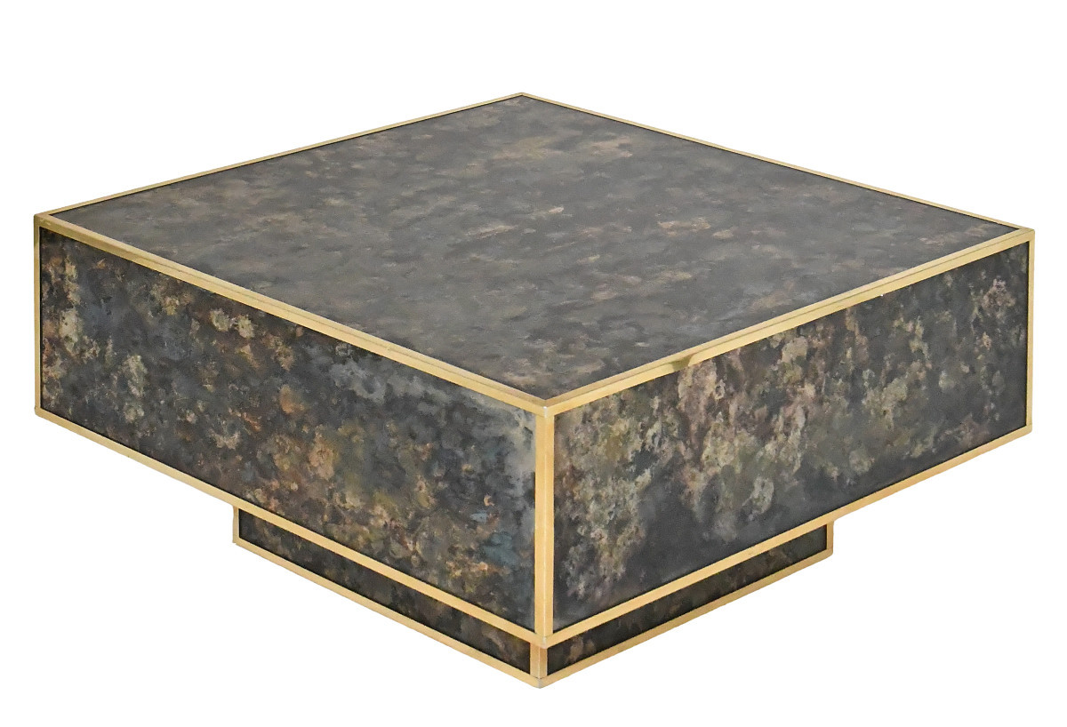 Square Coffee Table In Marbled Glass With "solar Eruption" Decor 