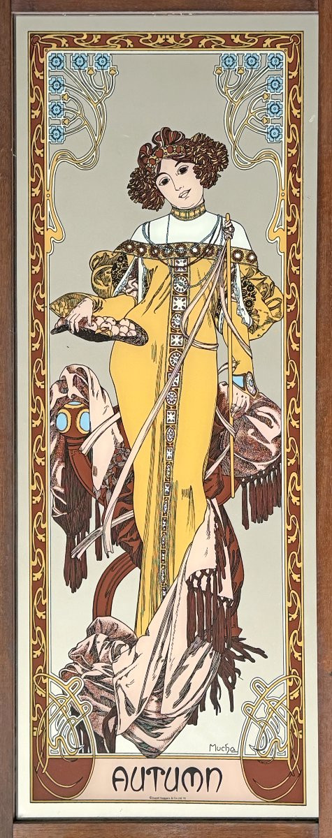Paravent à décor de miroirs sérigraphié de 4 saisons d’après Alfons Mucha-photo-3