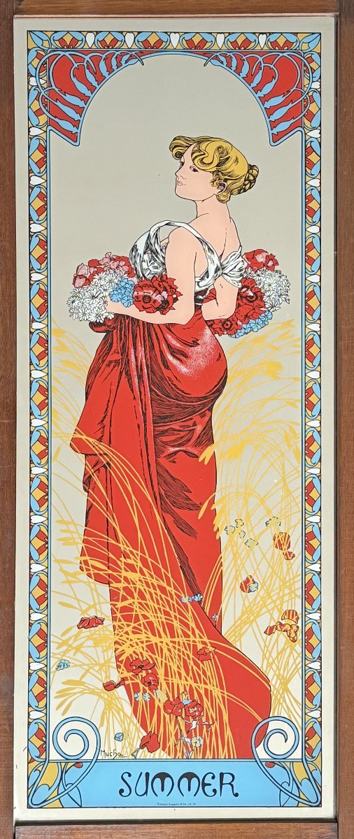Paravent à décor de miroirs sérigraphié de 4 saisons d’après Alfons Mucha-photo-4