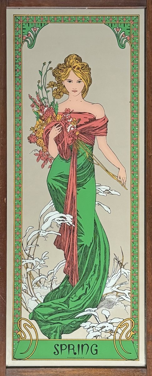 Paravent à décor de miroirs sérigraphié de 4 saisons d’après Alfons Mucha-photo-1