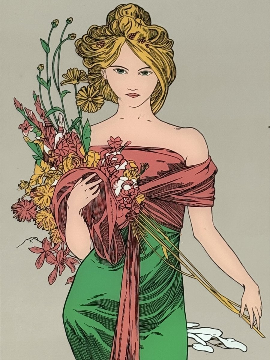 Paravent à décor de miroirs sérigraphié de 4 saisons d’après Alfons Mucha-photo-3