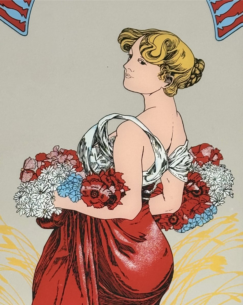 Paravent à décor de miroirs sérigraphié de 4 saisons d’après Alfons Mucha-photo-4