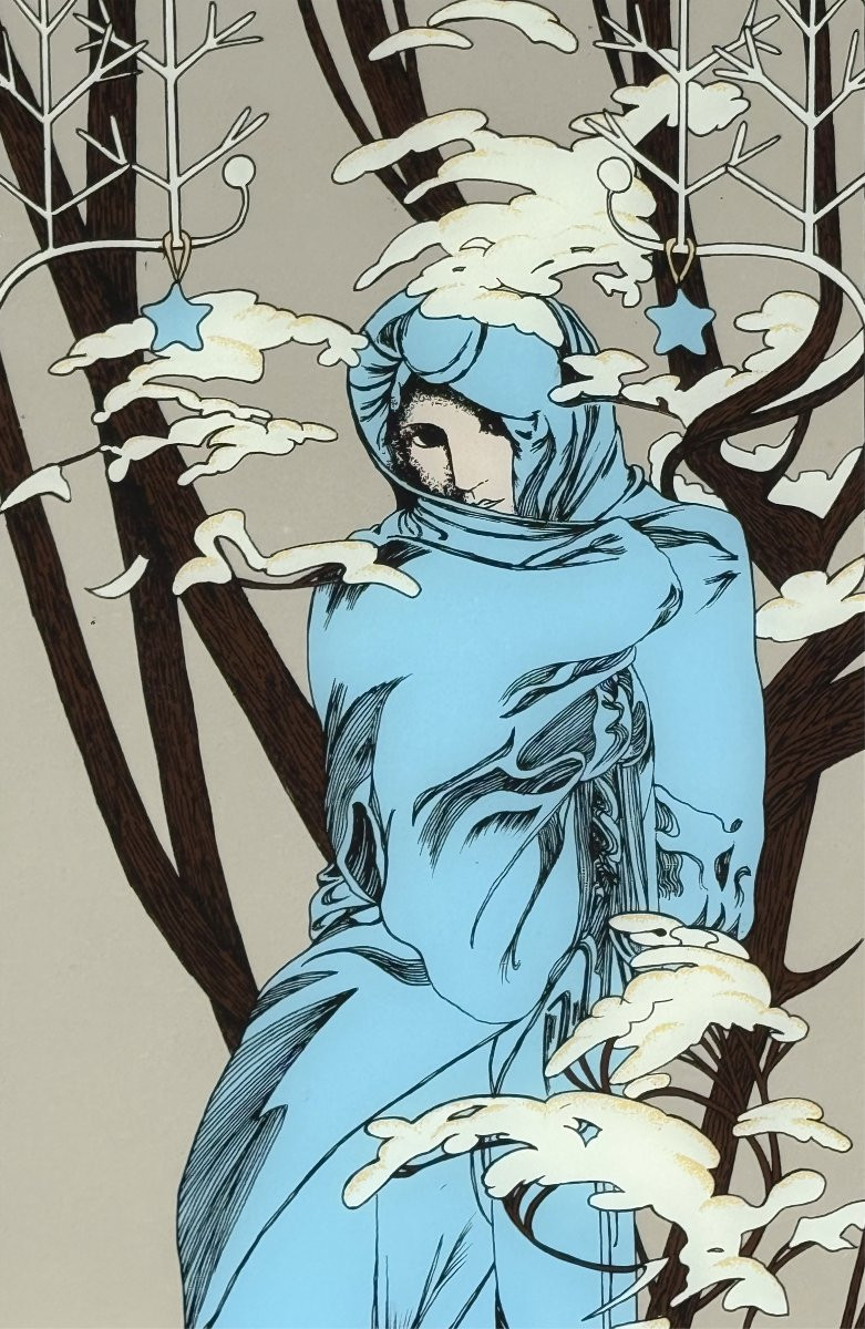 Paravent à décor de miroirs sérigraphié de 4 saisons d’après Alfons Mucha-photo-5