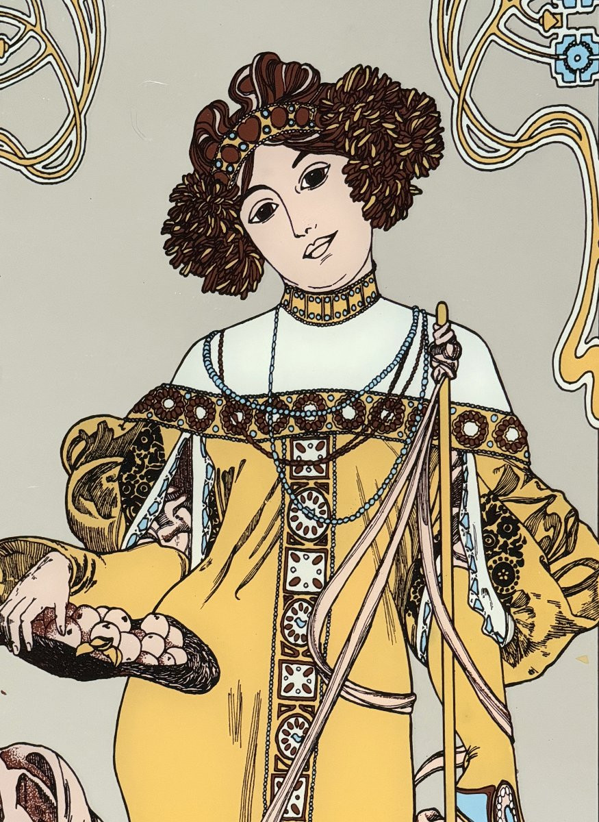 Paravent à décor de miroirs sérigraphié de 4 saisons d’après Alfons Mucha-photo-6
