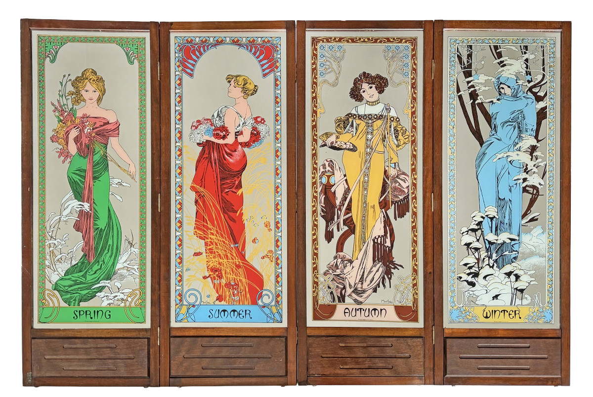 Paravent à décor de miroirs sérigraphié de 4 saisons d’après Alfons Mucha
