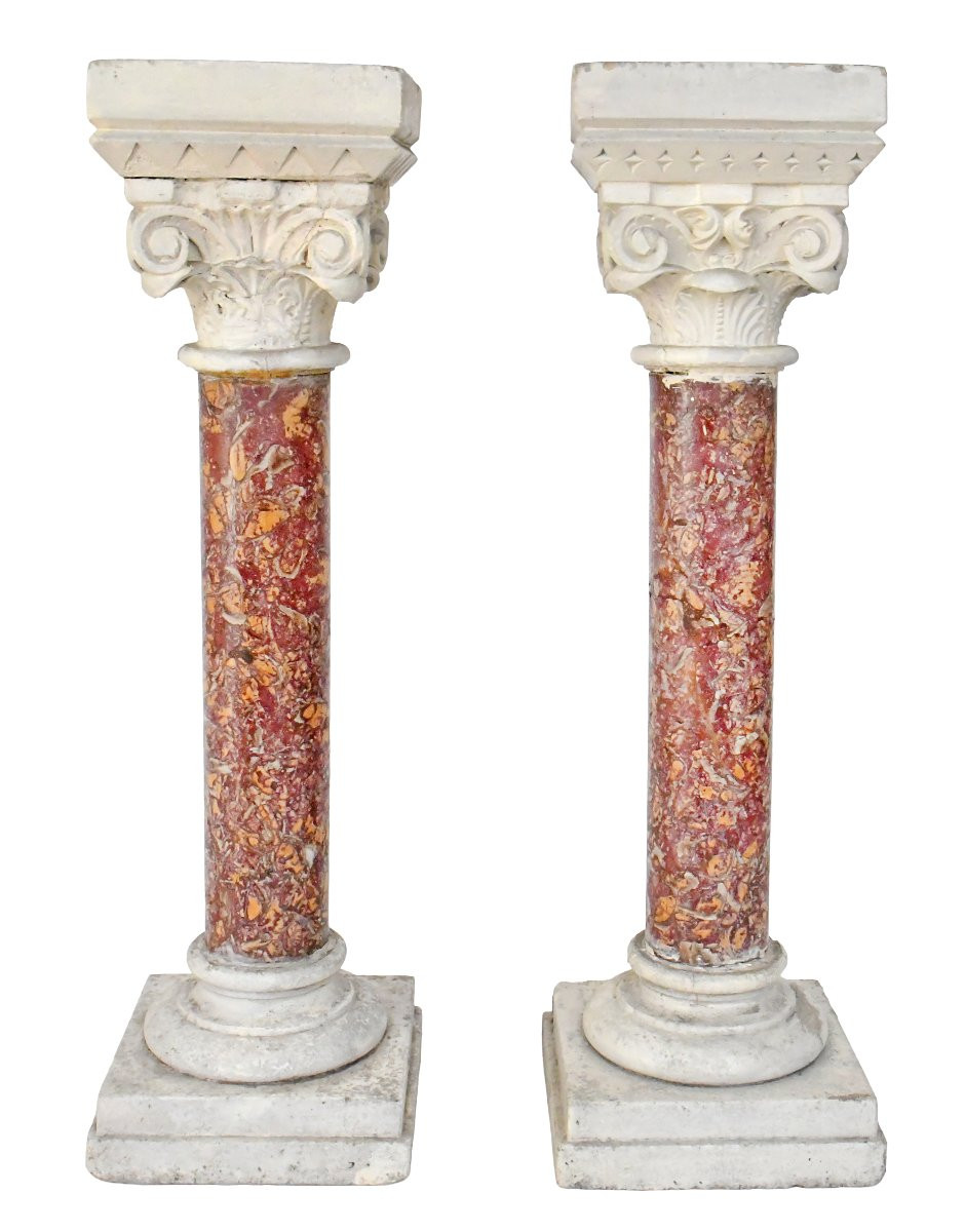 Pair Of Brocatelle Marble And Stone Columns With Corinthian Capitals-photo-4