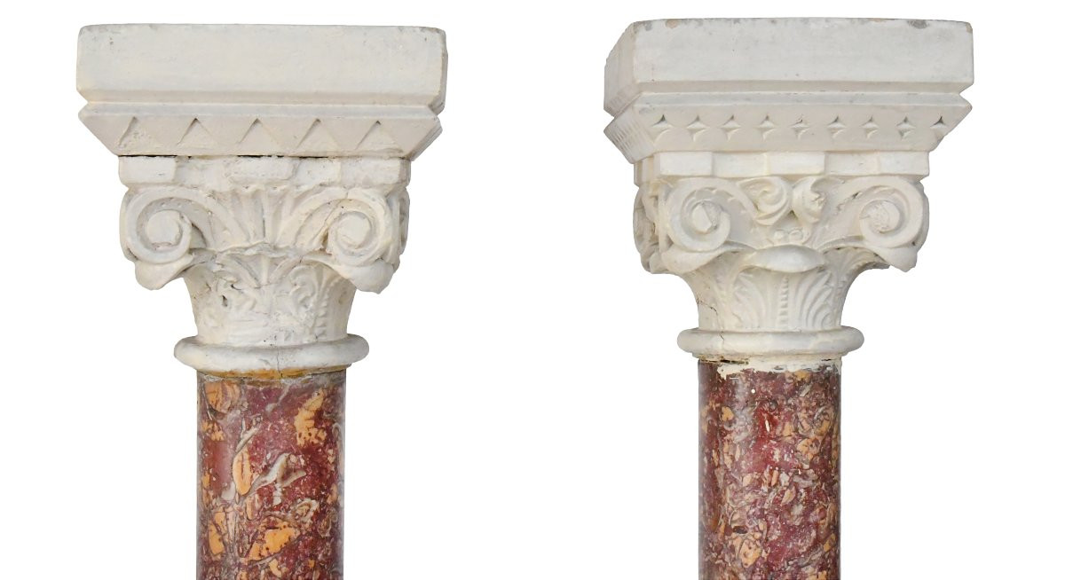 Pair Of Brocatelle Marble And Stone Columns With Corinthian Capitals-photo-5