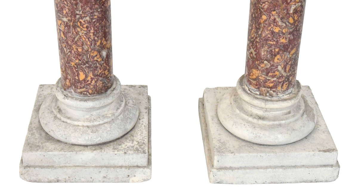 Pair Of Brocatelle Marble And Stone Columns With Corinthian Capitals-photo-6