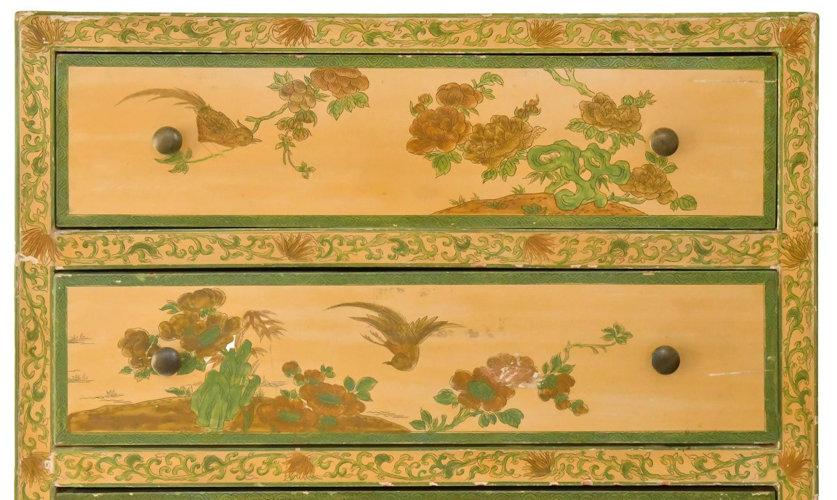 Chiffonnier en bois peint de motifs florale et d'oiseaux de style chinoisant-photo-2