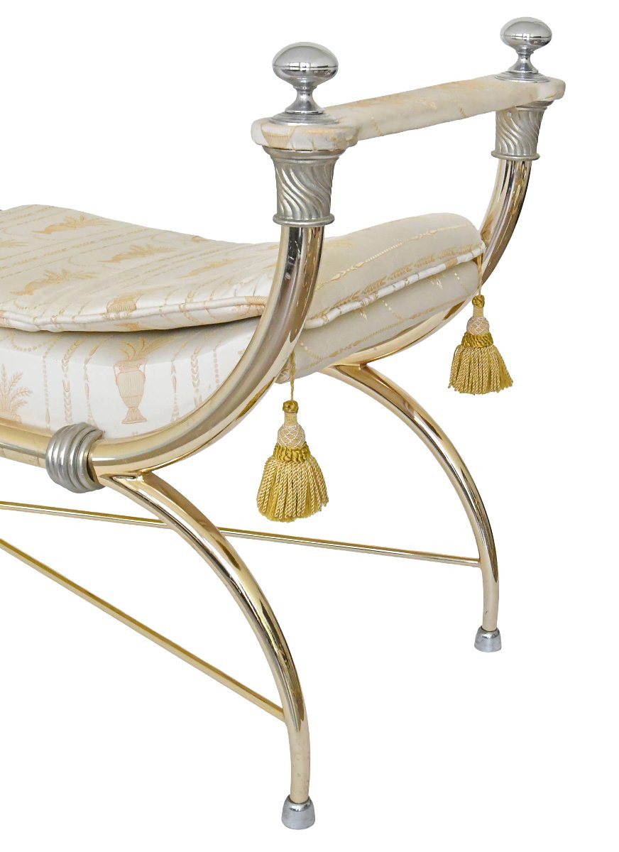Empire-style Bench In Gilded Brass And Fabric-photo-2