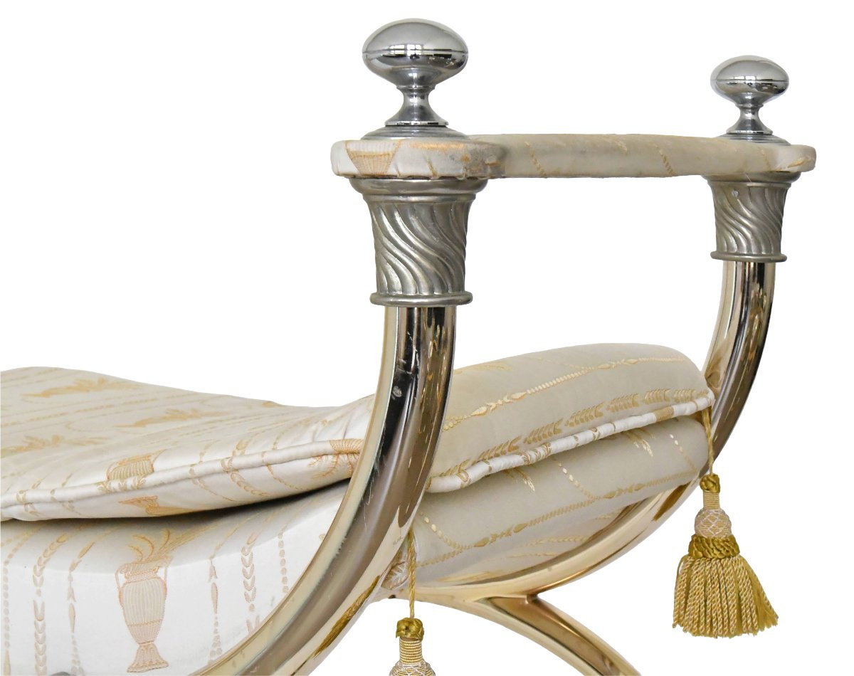 Empire-style Bench In Gilded Brass And Fabric-photo-3