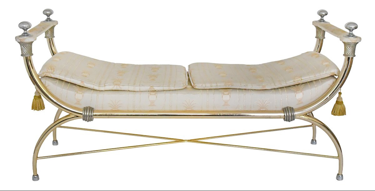 Empire-style Bench In Gilded Brass And Fabric-photo-2