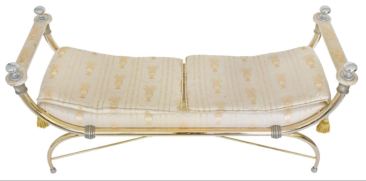 Empire-style Bench In Gilded Brass And Fabric-photo-3