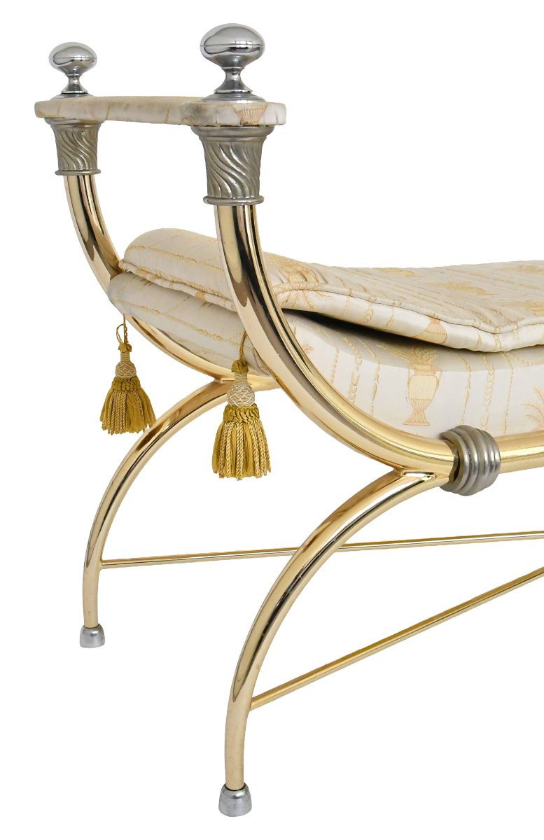 Empire-style Bench In Gilded Brass And Fabric-photo-5