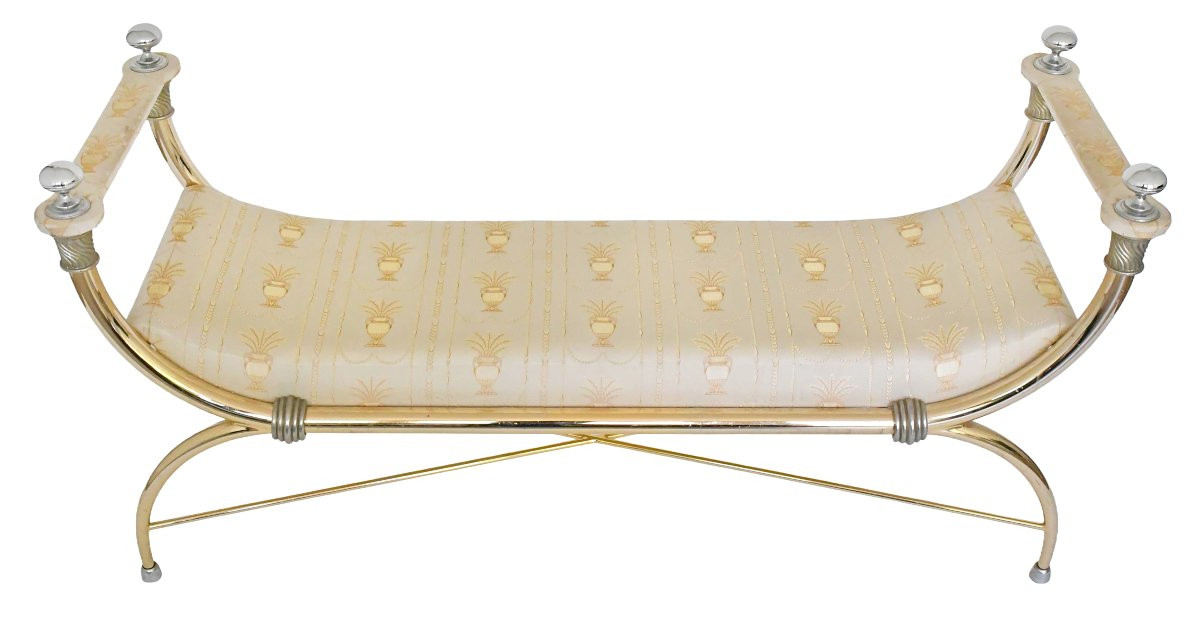 Empire-style Bench In Gilded Brass And Fabric-photo-6