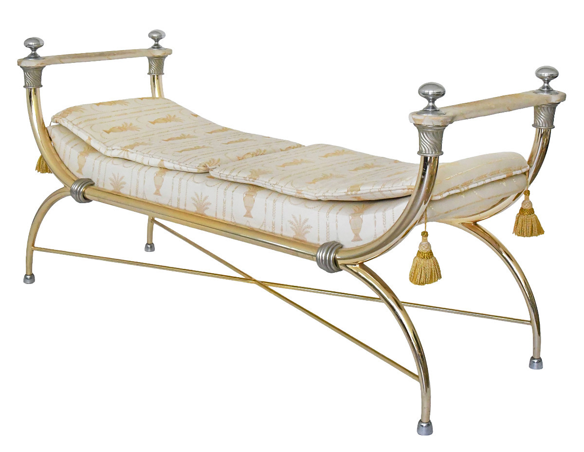 Empire-style Bench In Gilded Brass And Fabric