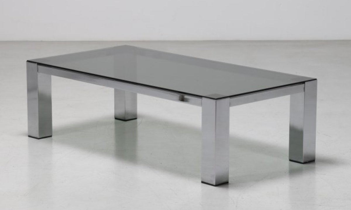 Modernist Coffee Table In Chromed Steel And Smoked Glass Attributed To Vittorio Introini For Saporiti-photo-2