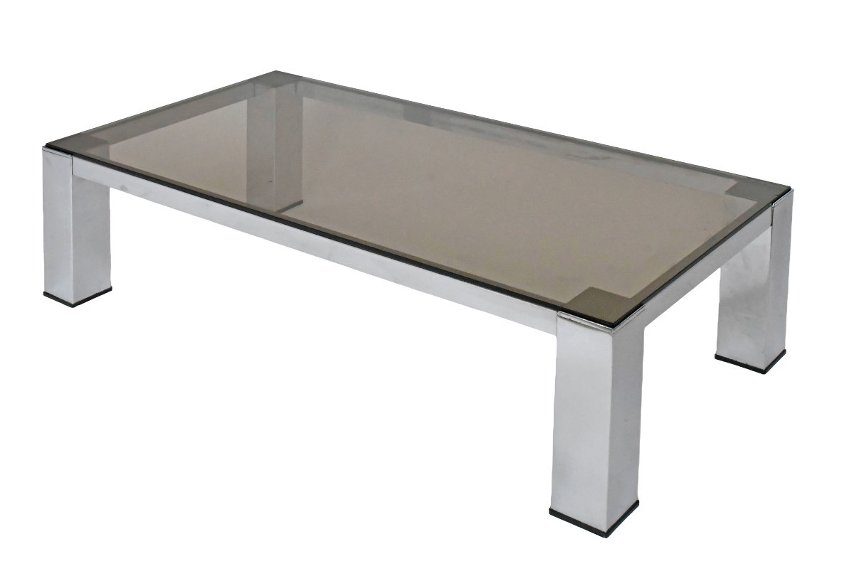 Modernist Coffee Table In Chromed Steel And Smoked Glass Attributed To Vittorio Introini For Saporiti