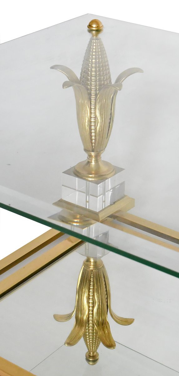 Gilded Brass And Glass Coffee Table With Corncob Decoration-photo-4