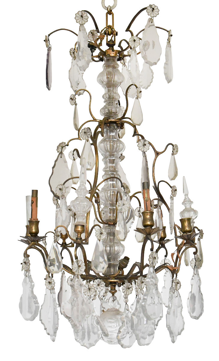 Lustre cage à six lumières à pendeloques de style Louis XV 
