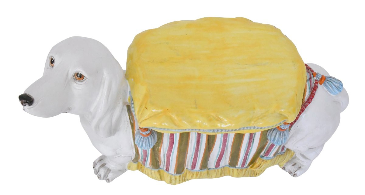  Tabouret ou sellette en faïence italienne représentant un teckel blanc-photo-3