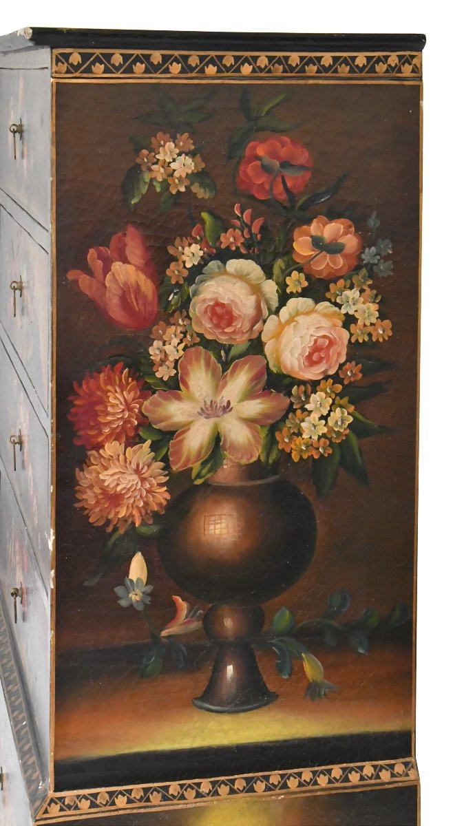 Chiffonnier In The Louis XV Style With Richly Painted Decoration Of Bouquets Of Flowers And Fruit-photo-2