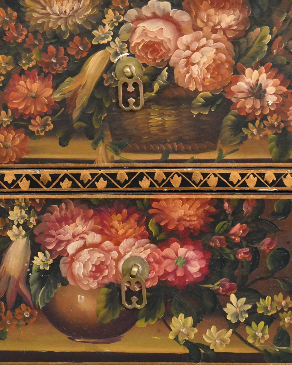 Chiffonnier In The Louis XV Style With Richly Painted Decoration Of Bouquets Of Flowers And Fruit-photo-2