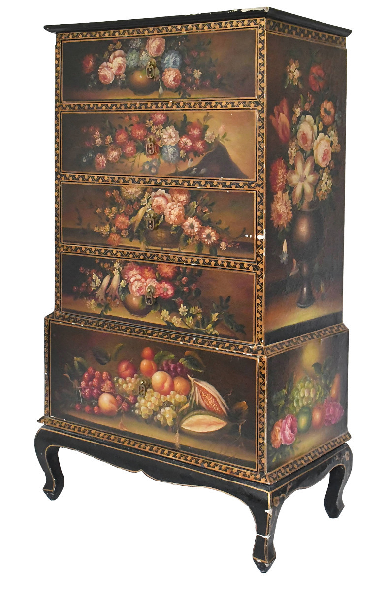 Chiffonnier In The Louis XV Style With Richly Painted Decoration Of Bouquets Of Flowers And Fruit