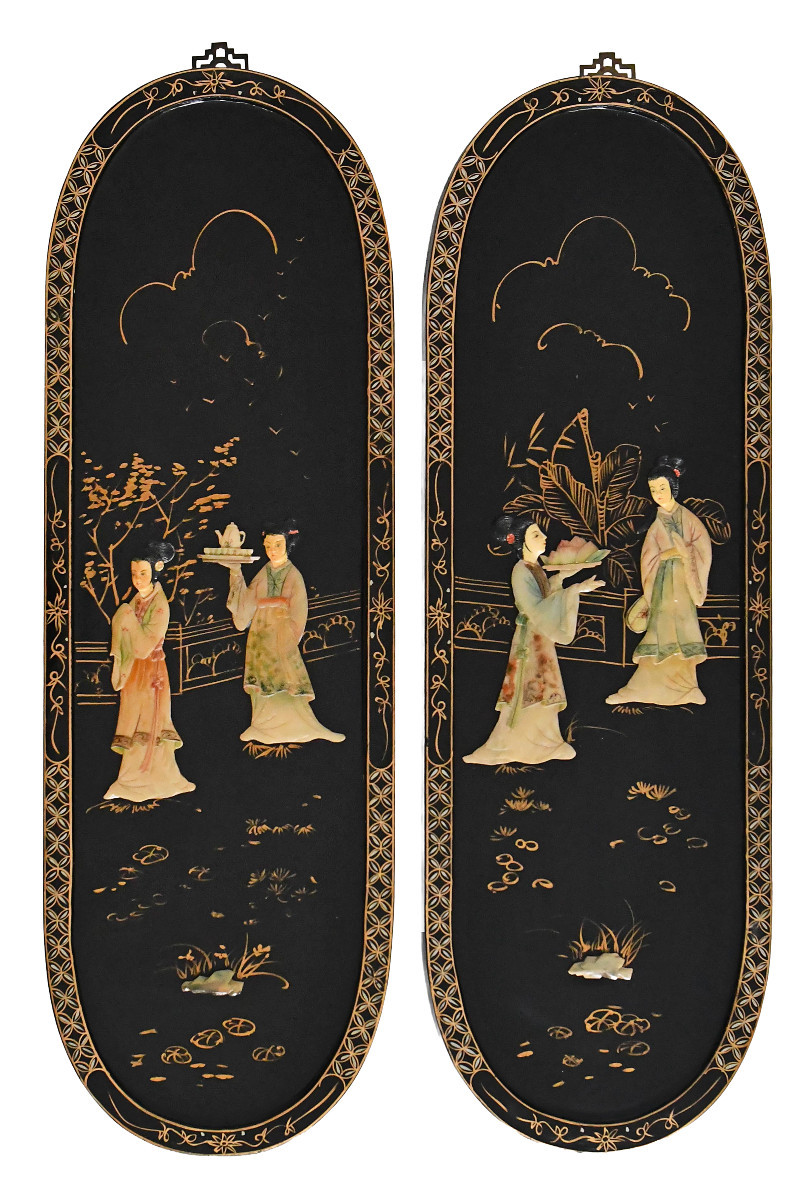  Pair Of Lacquered Wood Panels Decorated With Hard Stone Inlays Of Geishas