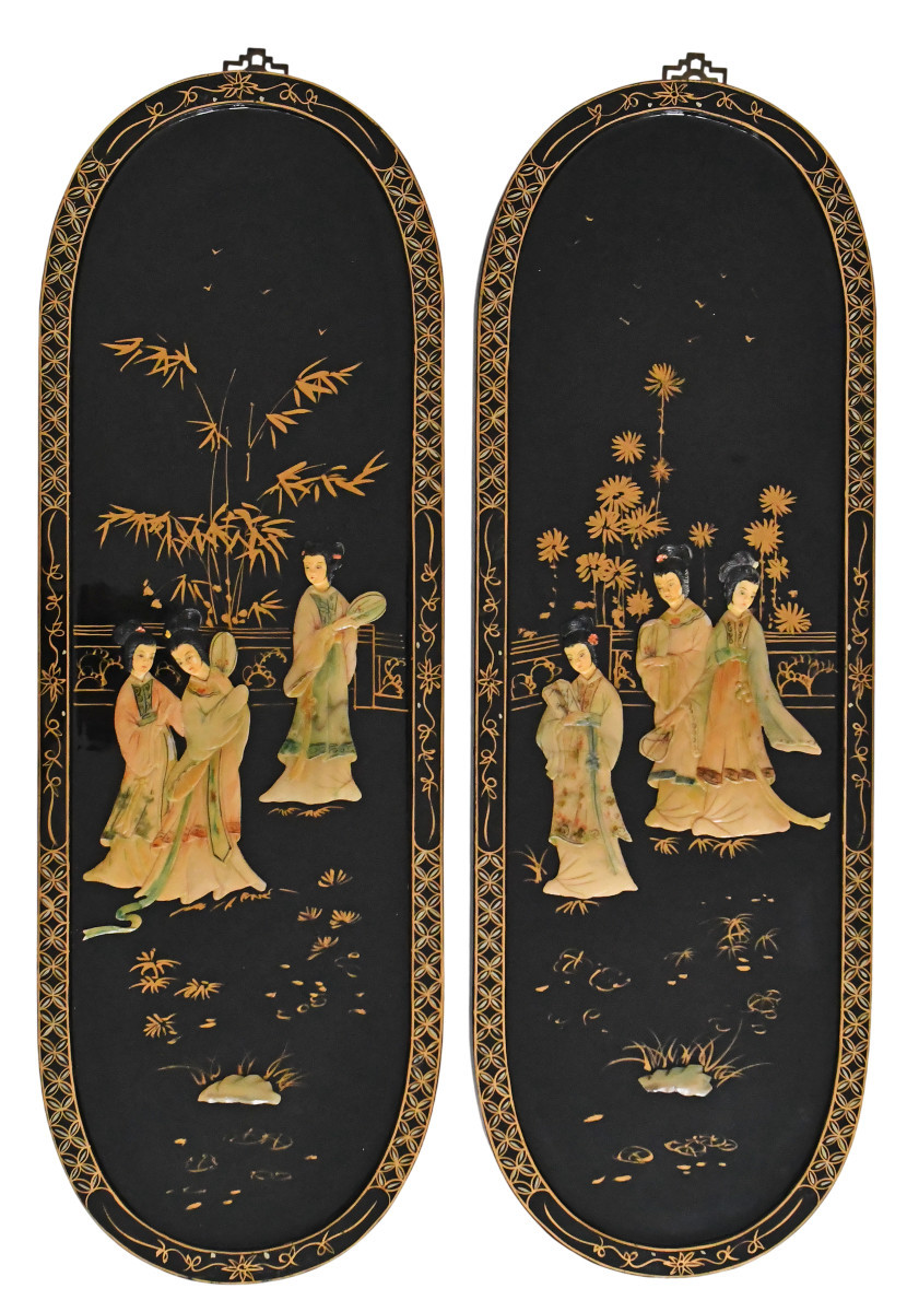 Pair Of Lacquered Wood Panels Decorated With Hard Stone Inlays Of Geishas
