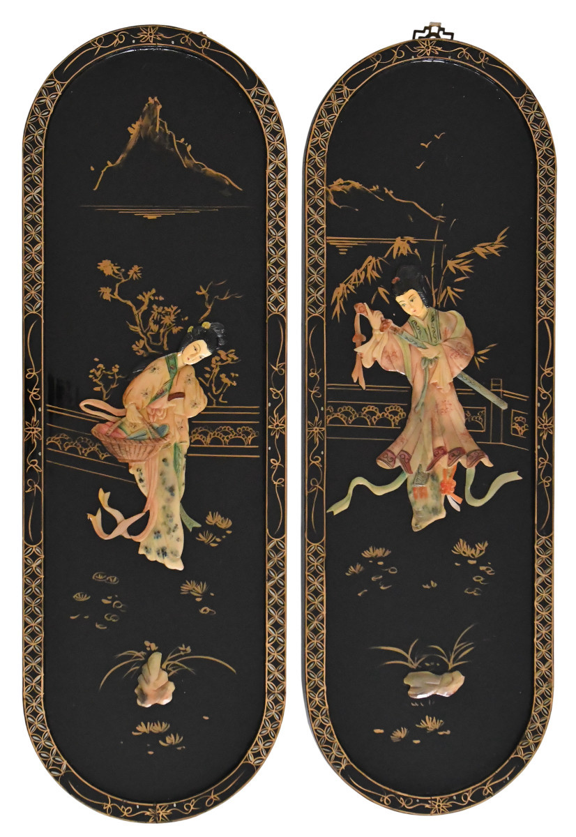 Pair Of Lacquered Wood Panels Decorated With Hard Stone Inlays Of Geishas