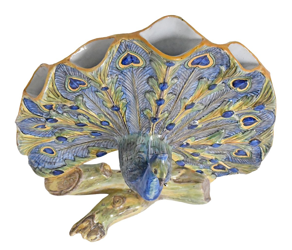 Peacock-shaped Desvres Earthenware Bouquetière Made By The Jules Verlingue Workshop-photo-2
