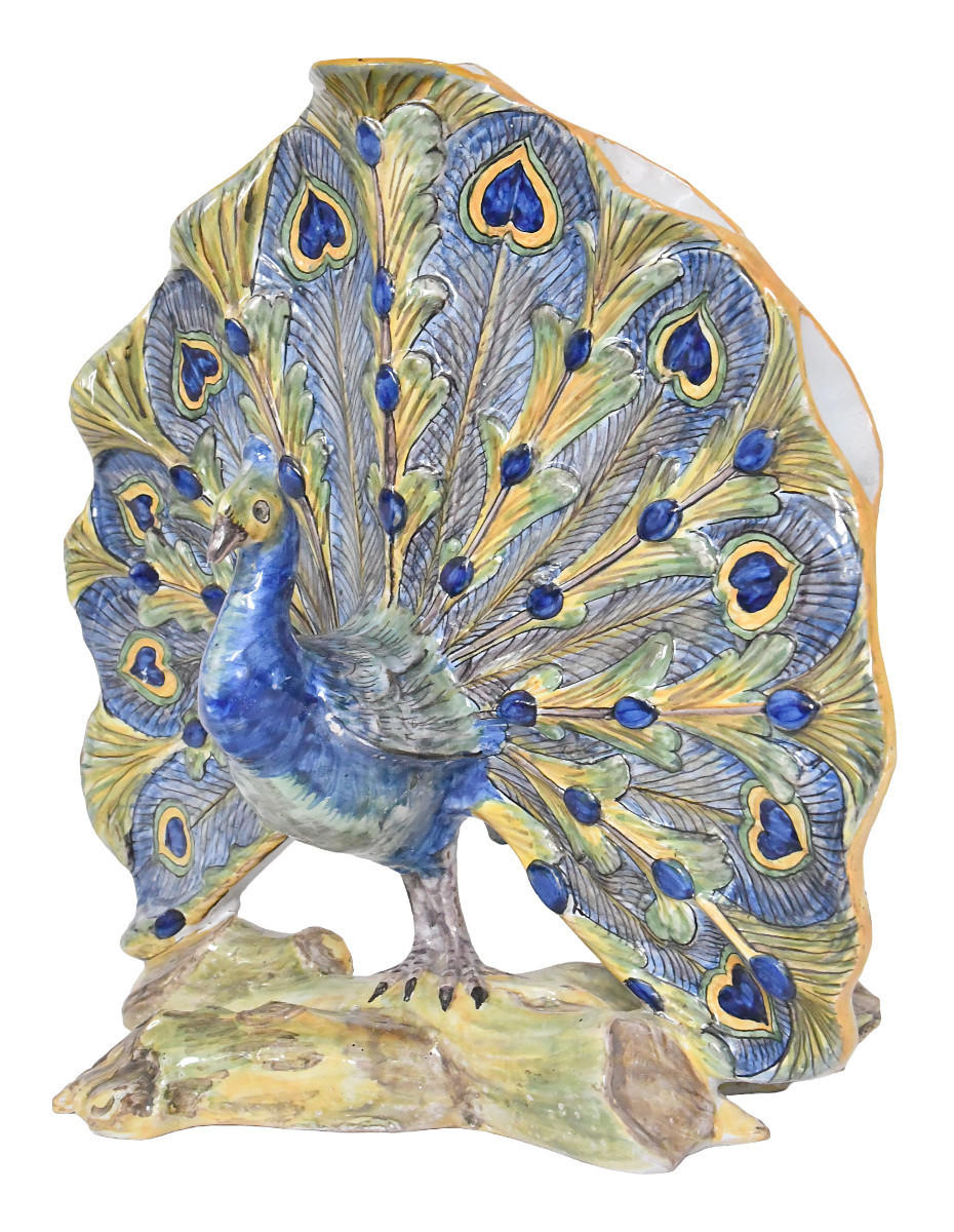 Peacock-shaped Desvres Earthenware Bouquetière Made By The Jules Verlingue Workshop