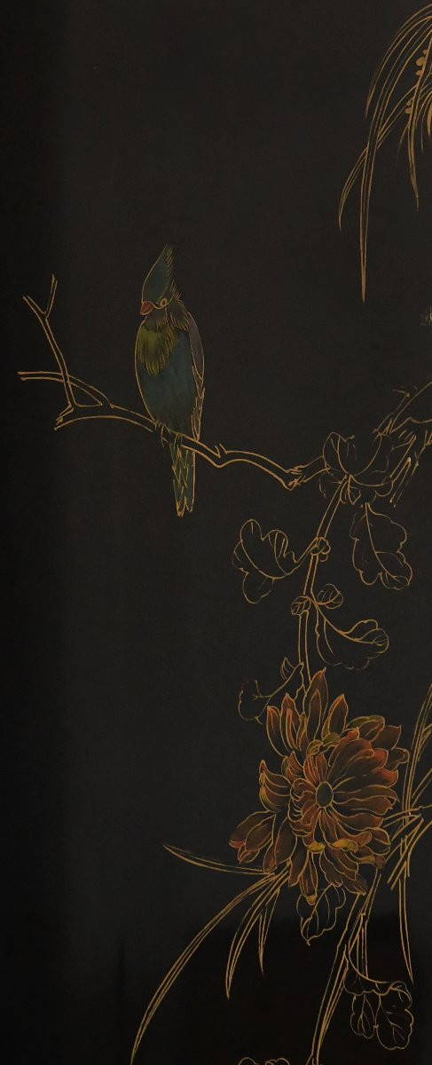 Paravent chinois à quatre feuilles en bois laqué et incrustations de pierres dures -photo-8