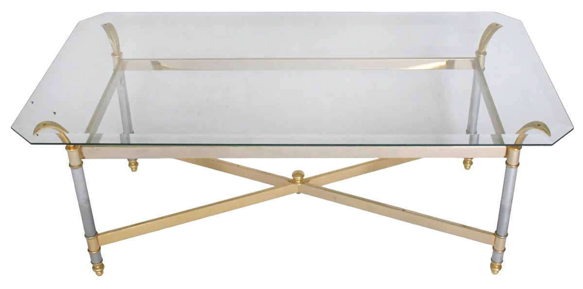 Table basse en laiton et métal chrome dans le style de Maison Jansen -photo-3