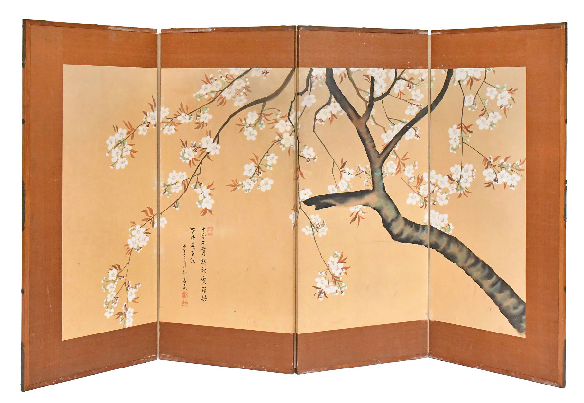 Four-panel Japanese Byobu Screen Depicting A Cherry Blossom Branch