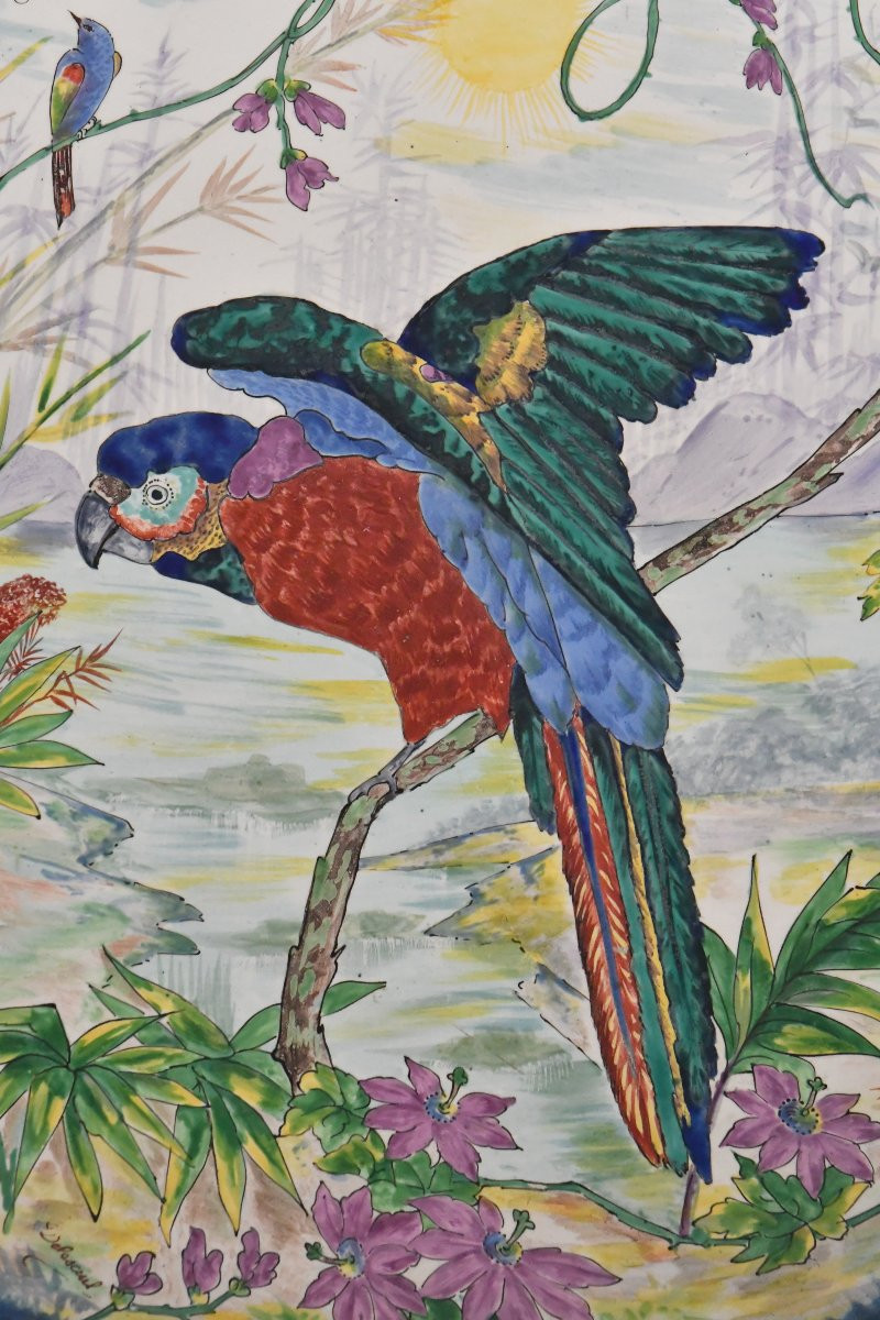 Large Earthenware Dish Decorated With A Parrot Sitting On A Branch-photo-2