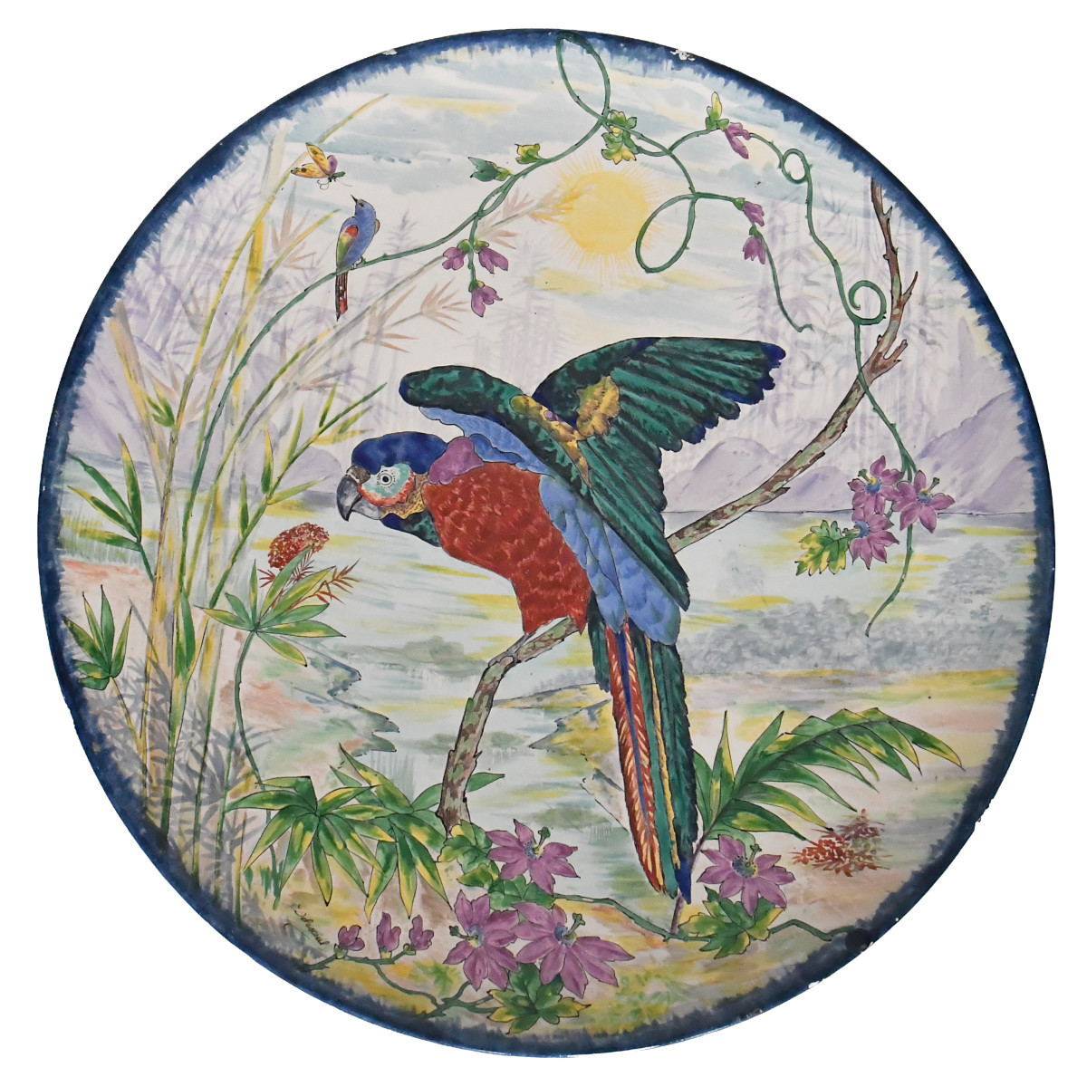 Large Earthenware Dish Decorated With A Parrot Sitting On A Branch