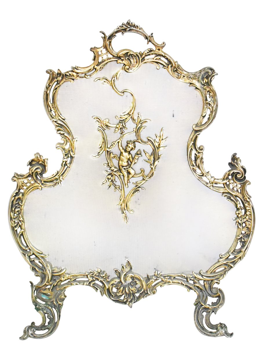 Louis XV-style Gilded Bronze Fireplace Screen Decorated With A Cupid 