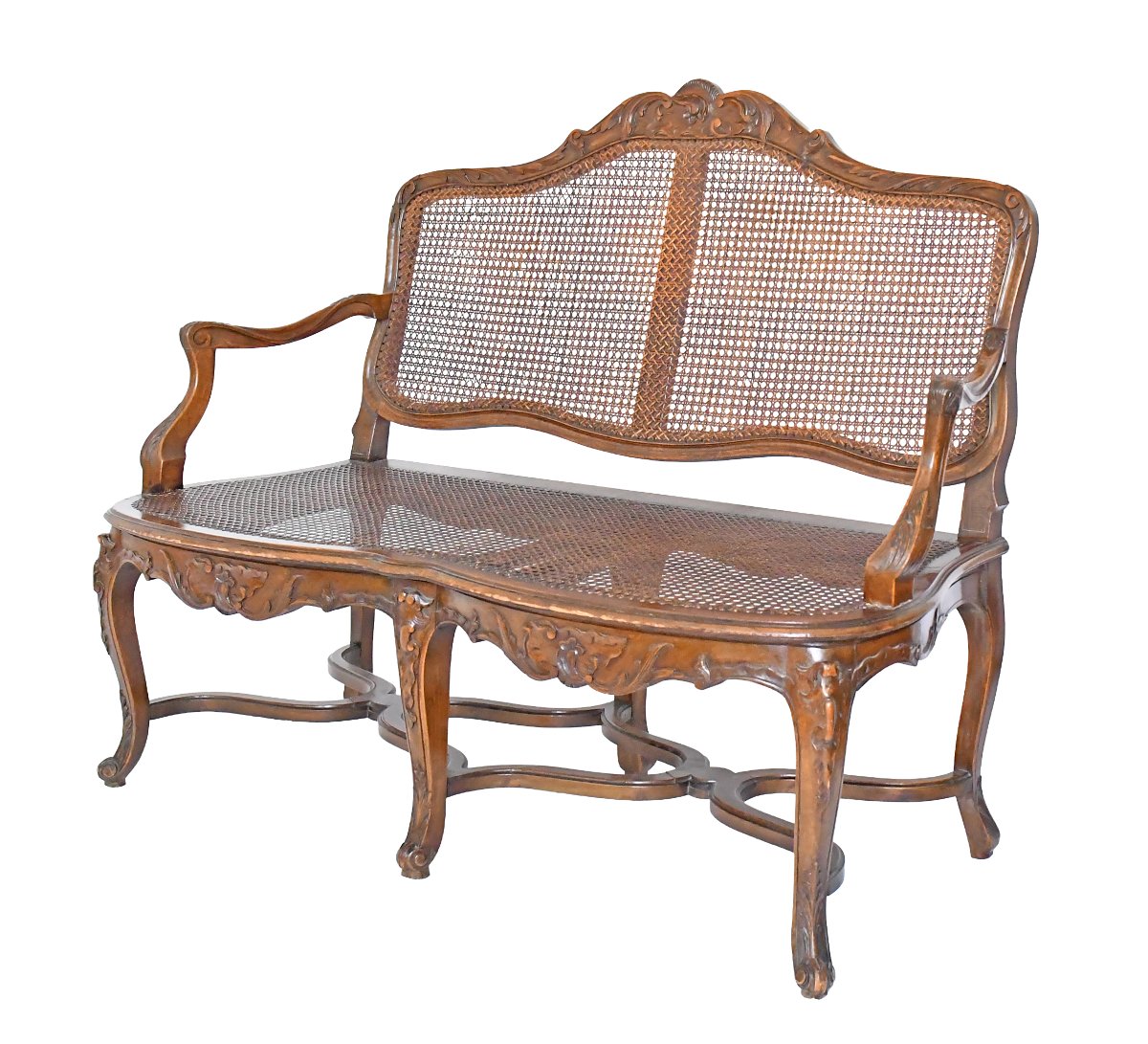 Regency-style Bench Made Of Richly Carved Wood And Cane 