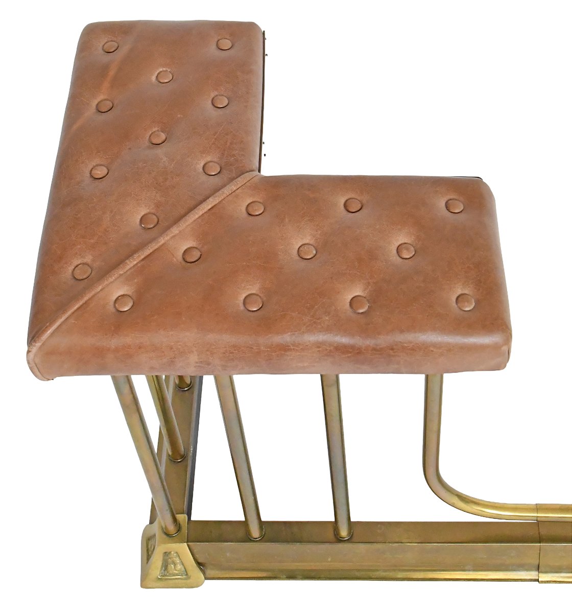 Double-seater Fireplace Bench In Gold-plated Brass With Tufted Leather Upholstery -photo-2