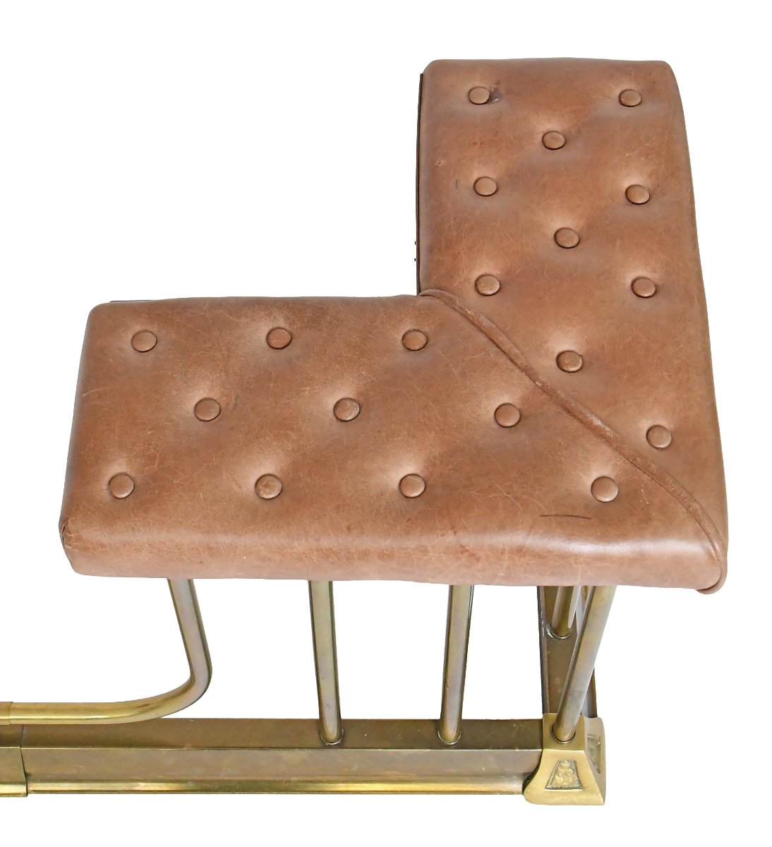 Double-seater Fireplace Bench In Gold-plated Brass With Tufted Leather Upholstery -photo-3