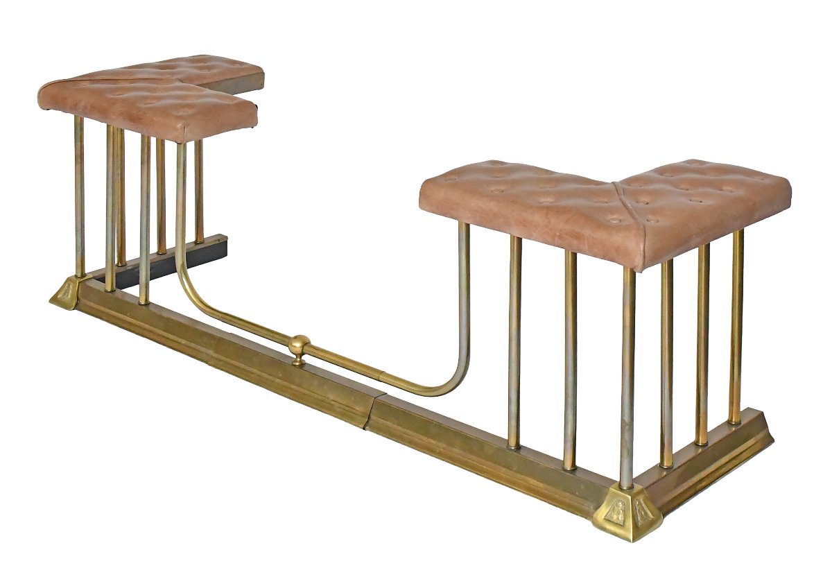 Double-seater Fireplace Bench In Gold-plated Brass With Tufted Leather Upholstery -photo-4