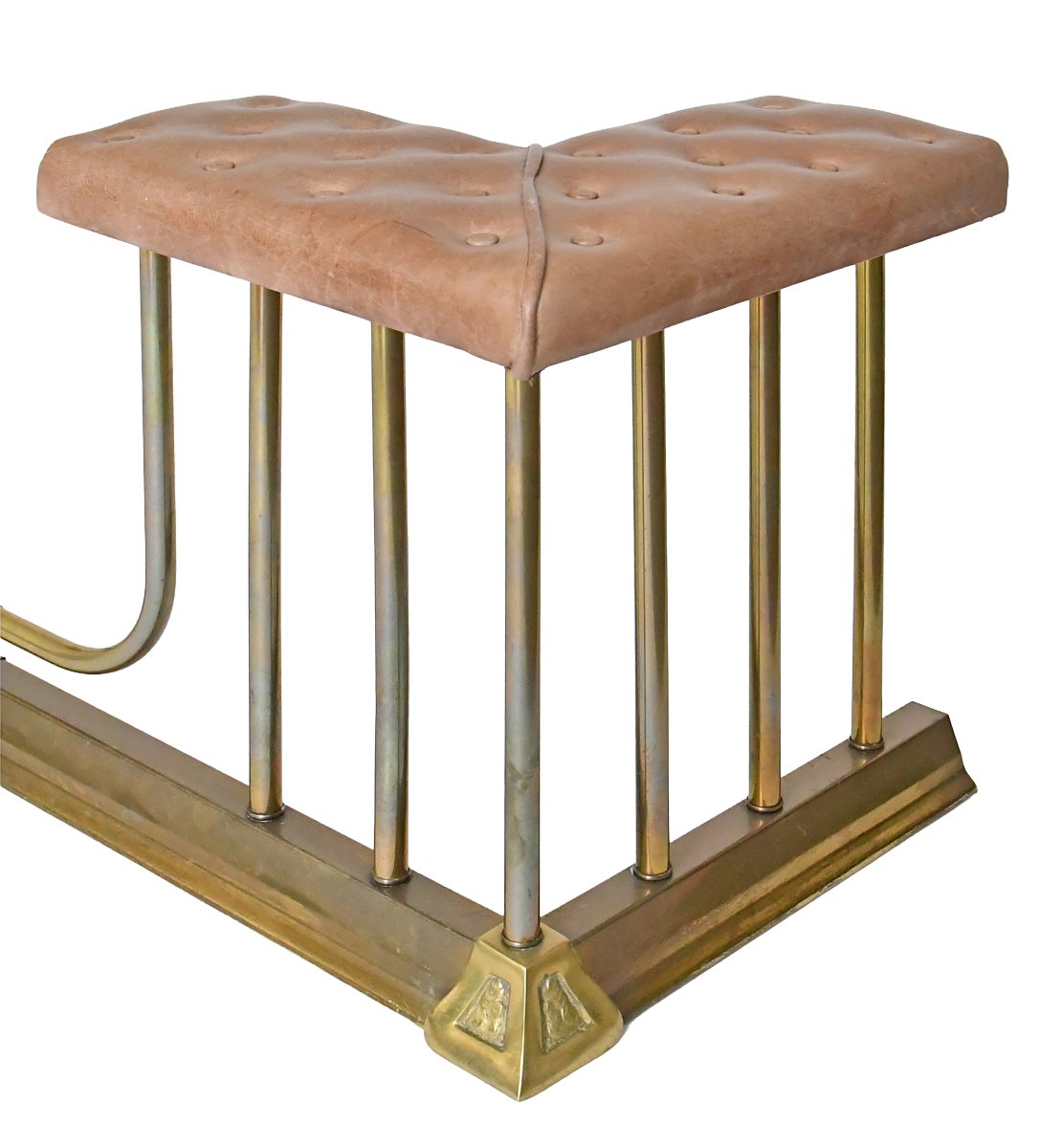 Double-seater Fireplace Bench In Gold-plated Brass With Tufted Leather Upholstery -photo-1