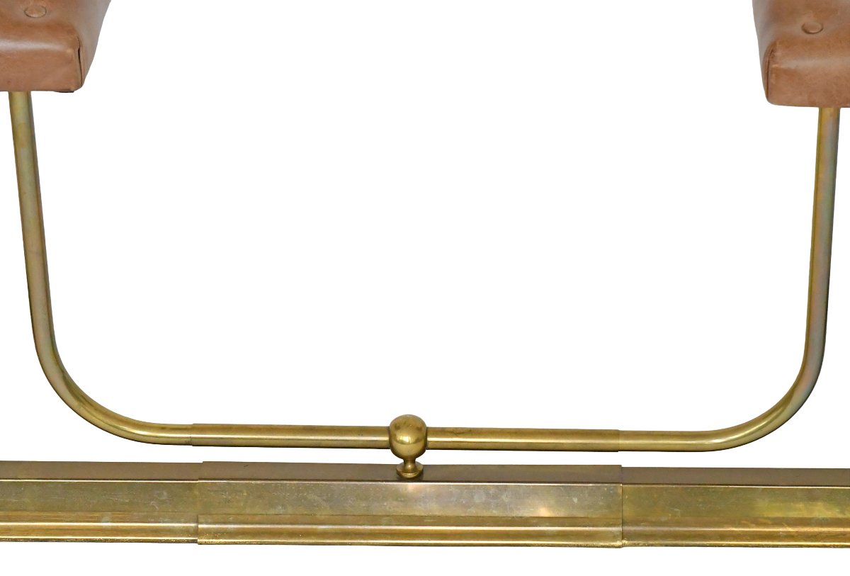 Double-seater Fireplace Bench In Gold-plated Brass With Tufted Leather Upholstery -photo-3
