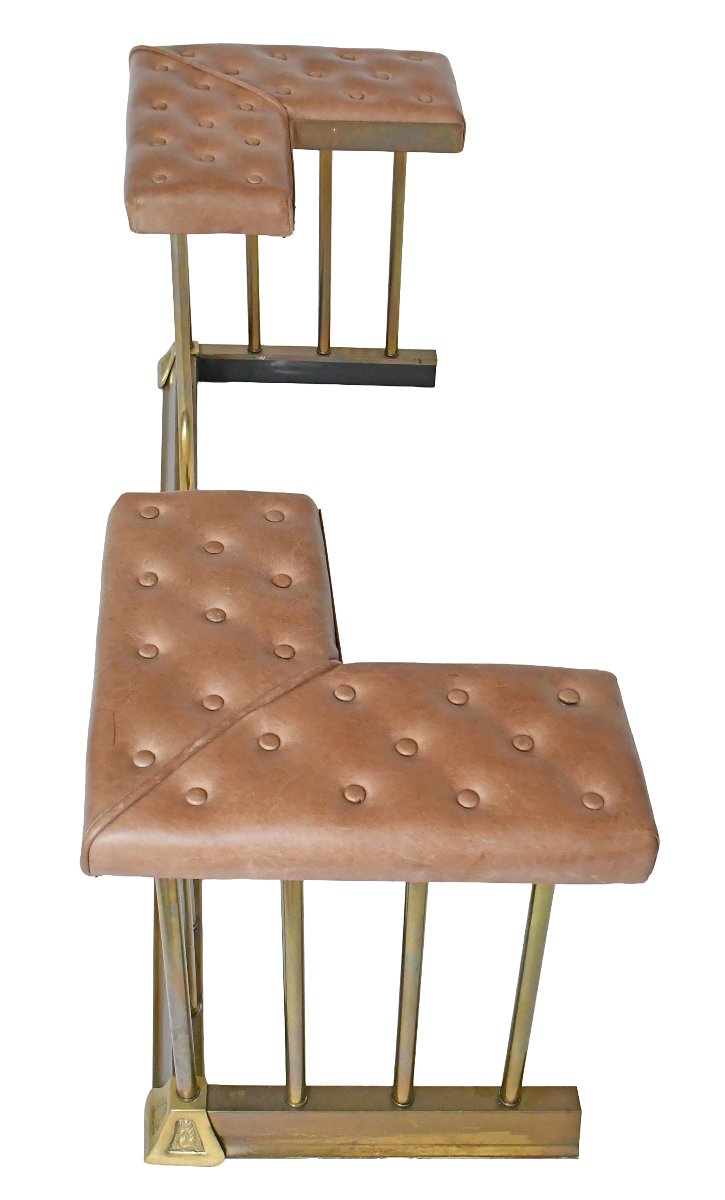 Double-seater Fireplace Bench In Gold-plated Brass With Tufted Leather Upholstery -photo-4