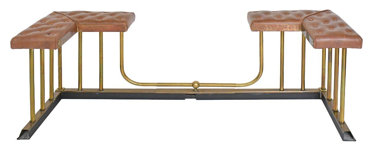 Double-seater Fireplace Bench In Gold-plated Brass With Tufted Leather Upholstery -photo-5